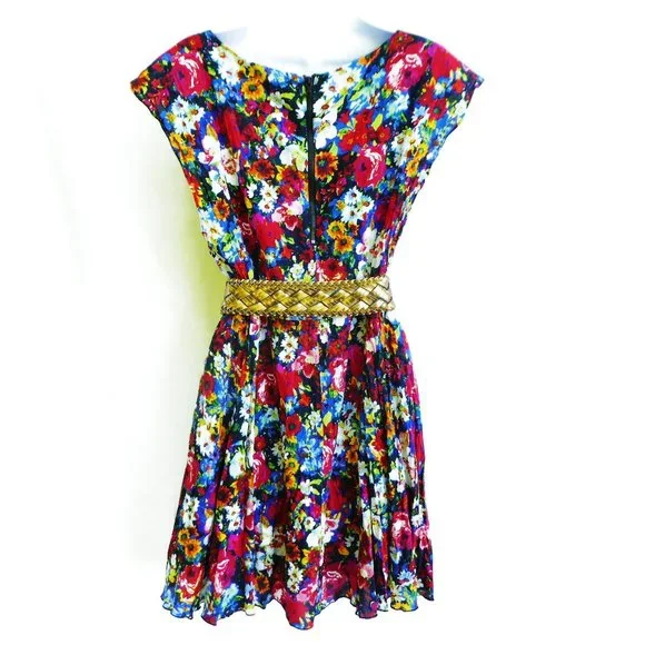 Alice & Olivia Matilda Dress Mini Vibrant Floral Bouquet Silk Boat Neck Pleated - Picture 5 of 14